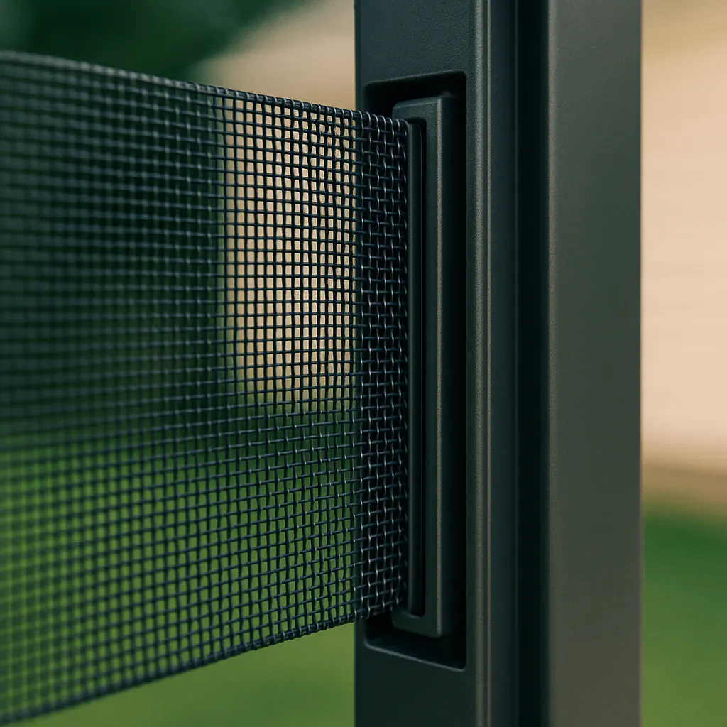 Extreme close-up of MagnaTrack magnetic side track and screen mesh tension detail